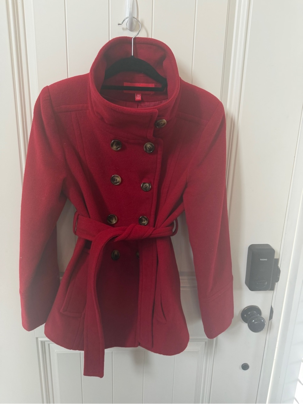 Anne Klein Red Double-Breasted Belted Pea Coat